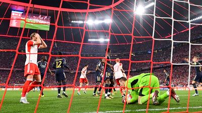 Harry Kane reacts to a missed Bayern goalscoring chance. EPA