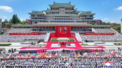 A welcome ceremony for the Chinese President, Xi Jinping, at Kim Il-sung Square in Pyongyang, North Korea. EPA