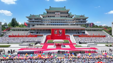 A photo released by the official North Korean Central News Agency of a welcoming ceremony for Chinese President Xi Jinping at Kim Il-sung Square in Pyongyang, North Korea. EPA