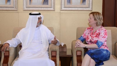 Sheikh Nahyan bin Mubarak, Minister of Culture and Knowledge Development, meets with Regina Doherty, Irish Minister of State at the Department of the Taoiseach (Government Chief Whip), and her accompanying delegation, at his palace on Wednesday. Wam