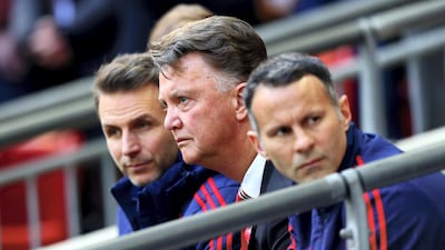 Louis van Gaal Manager of Manchester United and Ryan Giggs look on during The Emirates FA Cup semi final match between Everton and Manchester United at Wembley Stadium. Getty