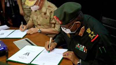 Egyptian military Chief of Staff Mohamed Farid and his Sudanese counterpart Mohamed Othman al-Hussein sign a bilateral agreement during a meeting of the Egyptian-Sudanese military committee, in Sudan's capital Khartoum. AFP