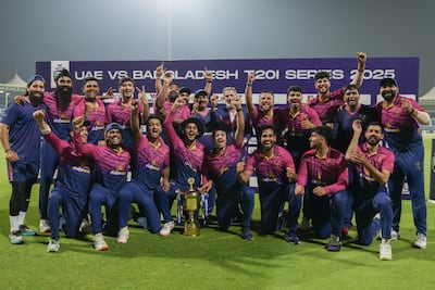 The victorious UAE celebrate after their T20I series victory over Bangladesh at the Sharjah Stadium on Wednesday, May 21, 2025. Photo: ECB
