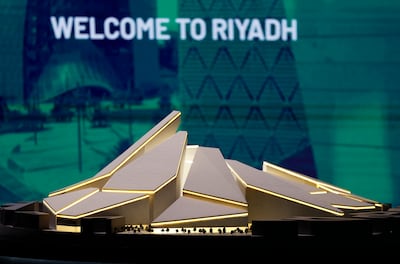 A model of the proposed Roshn Stadium inside the Saudi Arabia World Cup bid exhibition. Reuters