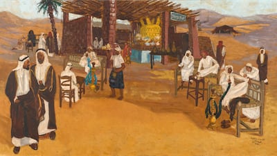 Coffee Shop in Madinah Road (1968) by Saudi artist Safeya Binzagr is part of Sotheby's second auction in Saudi Arabia. Photo: Sotheby's