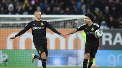 Erling Haaland celebrates with teammate Axel Witsel after scoring Borussia Dortmund's second goal. Getty Images