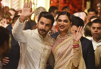Ranveer Singh (L) and Deepika Padukone at the wedding of Indian businesswoman Isha Ambani in Mumbai last week. Photo: AFP