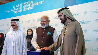 Sheikh Mohammed bin Rashid, Vice President and Ruler of Dubai, and India's Prime Minister Narendra Modi during the announcement of Bharat Mart. AFP