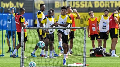 Jadon Sancho attends a training session with Borussia Dortmund at the team training grounds in Dortmund. AP Photo