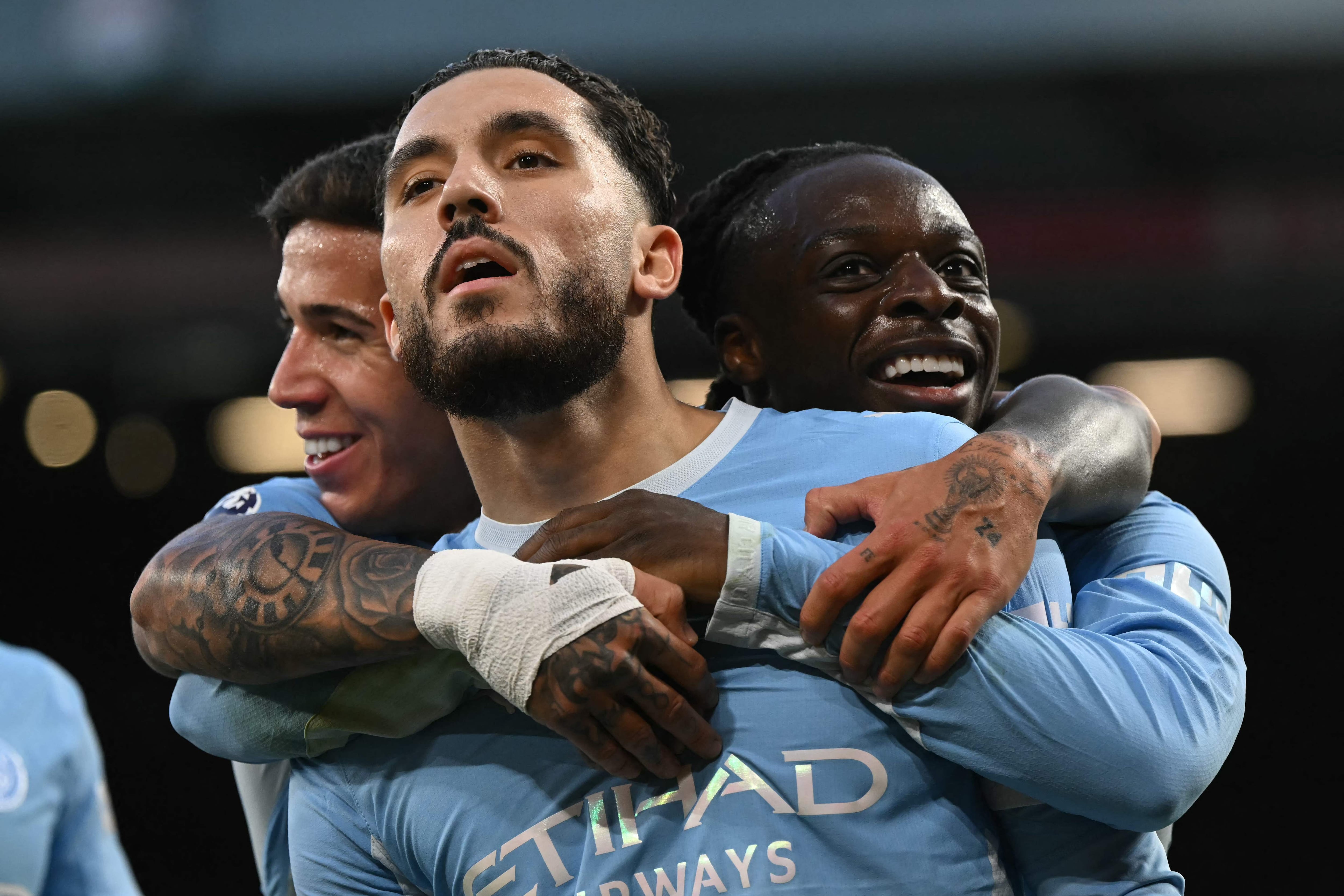 Rayan Cherki celebrates scoring Manchester City's third goal in their 3-0 Premier League win over Liverpool at Anfield on October 11, 2026. AFP