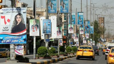 Candidate billboards and placards in Baghdad for the Iraqi parliamentary elections. Almost 25 million Iraqis are on the electoral roll for the October 10 poll to pick 329 MPs. Photo: AFP