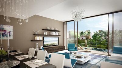 A rendering of a living and dining room in a townhouse in Akoya. Courtesy Damac