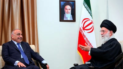 In this picture released by the office of the Iranian supreme leader, Supreme Leader Ayatollah Ali Khamenei, right, speaks with Iraqi Prime Minister Adel Abdel Mahdi, in Tehran, Iran, Saturday, April, 6, 2019. AP