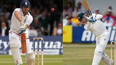 England captain Alastair Cook, left, has been dull but consistent in batting while his Australian counterpart Michael Clarke is a risk-taker. Ian Kington / AFP; Peter Cziborra / Action Images