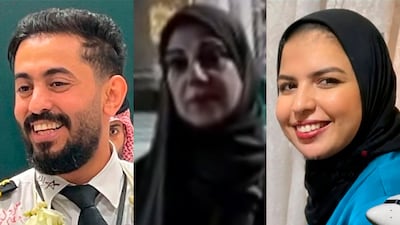 Pilot Hamoud Ali Alkalthami, widow Buthaina Ahmad Oweida and flight attendant Azza Ramzy were killed in Houthi attacks. Photos: Supplied