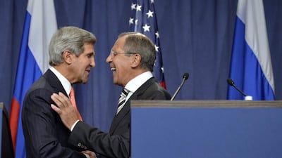 US Secretary of State John Kerry, (L), shakes hands with Russian Foreign Minister Sergei Lavrov, (R), following meetings regarding Syria, at a news conference at the Geneva, Switzerland. EPA / Martial Trezzini