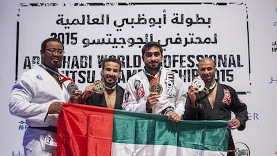 Mohammed Al Qubaisi, second left, was one of three gold medallists for the UAE at the Jiu-Jitsu Asian Union qualifying tournament in Bangalore, India, on May 31, 2015. Mona Al Marzooqi / The National