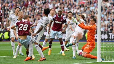 West Ham's Tomas Soucek has a shot saved by Leeds United keeper Joel Robles. Reuters