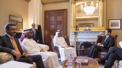 Sheikh Mohammed bin Zayed, Crown Prince of Abu Dhabi and Deputy Supreme Commander of the Armed Forces, meets with Paul Ryan Speaker of the US House of Representatives, at Capitol Hill. Seen with Sheikh Abdullah bin Zayed, Minister of Foreign Affairs and International Cooperation, and Sheikh Tahnoon bin Zayed, National Security Advisor. Rashed Al Mansoori / Crown Prince Court - Abu Dhabi