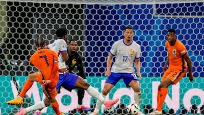 Xavi Simons of the Netherlands thinks he has scored but the effort was disallowed. AP