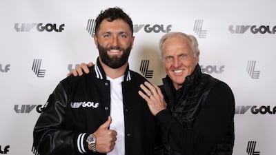 Jon Rahm, left, and LIV Golf commissioner and chief executive Greg Norman in New York. AP