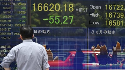 An electronic stock quotation board in the window of a securities company in Tokyo. Policymakers are facing a number of headwinds, economists said. Kazuhiro Nogi/AFP