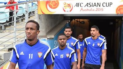 Ahmed Khalil, No 11, Ismail Al Hammadi, 15, and Hassan Ibrahim, 2, enter the UAE national football team training session on Thursday. Photo Courtesy / UAE FA