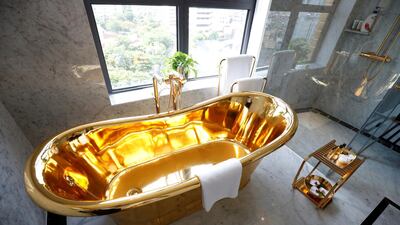 A gold-plated bathtub is seen at Dolce Hanoi Golden Lake luxury hotel. Reuters