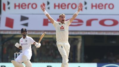 Olly Stone of England appeals during day one of the second Test. Sportzpics / BCCI