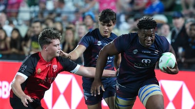 Action from the Gulf Under-19 Boys final between DESS College and Dubai College at the Emirates Dubai Sevens. Victor Besa / The National