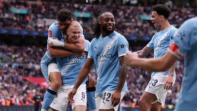 Antoine Semenyo celebrates with Manchester City teammates after scoring in the FA Cup final. Getty Images