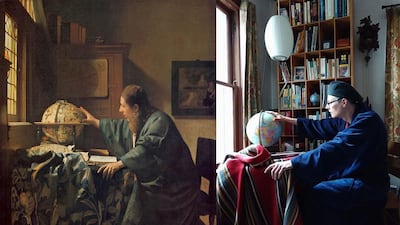 In her fifth submission to the online challenge, Ann Zumhagen-Krause posts a recreation of 'The Astronomer' (1668) by Johannes Vermeer. Via @annzeekay / Twitter