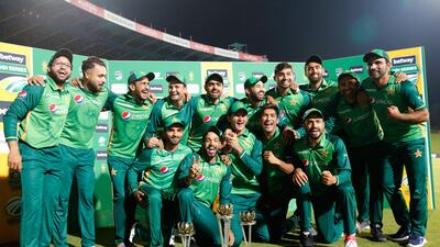 The Pakistan team pose for a photograph after winning the ODI series against South Africa at SuperSport Park in Centurion. AFP