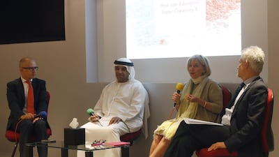From left, Miguel Lobo moderated a panel talk featuring Mohamed Yousif Baniyas, Ann-Maree Reaney and Gilles Demone, held at Paris-Sorbonne University Abu Dhabi. Ravindranath K / The National