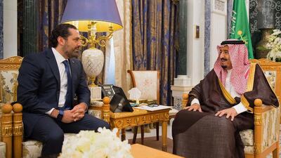 Saudi Arabia's King Salman meets outgoing Lebanese prime minister Saad Hariri in Riyadh on November 6, 2017. Saudi Press Agency via AP