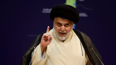 Iraqi Shiite leader Muqtada Al Sadr delivers a speech in Najaf, Iraq, October 19, 2023. Reuters