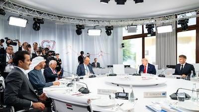Sheikh Mohamed attends a working lunch with Qatari Emir Sheikh Tamim, European Council President Antonio Costa, German Chancellor Friedrich Merz, Mr Trump and French President Emmanuel Macron. UAE Presidential