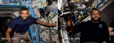Sultan Al Neyadi a day after he arrived at the International Space Station and, right, on the station a month ago