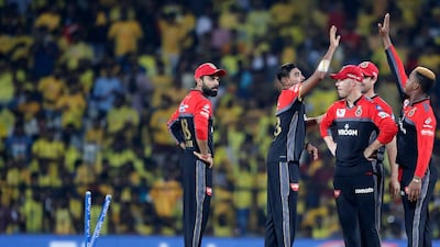 Royal Challengers Bangalore's Mohammad Siraj, second left, celebrates with teammates the dismissal of Chennai Super Kings' Ambati Rayadu during the VIVO IPL T20 cricket match between Chennai Super Kings and Royal Challengers Bangalore in Chennai, India. AP Photo