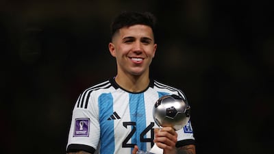 Argentina's Enzo Fernandez after winning the best young player award at the 2022 Qatar World Cup. Reuters