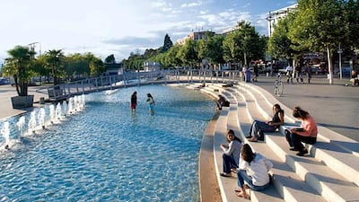 The Place de la Navigation in Lausanne, Switzerland — the town centre and plaza by the Lake. William Spear suggested installing the shooting fountains and lights, recommended their precise placement and approved the finished design. Courtesy William Spear