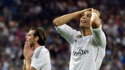 Real Madrid's Cristiano Ronaldo reacts during his side's La Liga draw against Valencia on Saturday. Gerard Julien / AFP / May 9, 2015