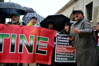 Pro-Palestinian activists stage a protest against the participation of Israel in the Biennale. AFP