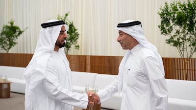 Sheikh Saif bin Zayed, Deputy Prime Minister and Minister of Interior, receives a mourner on the death of Sheikh Hazza bin Sultan bin Zayed, at Al Mushrif Palace. Hamad Al Kaabi / Presidential Court