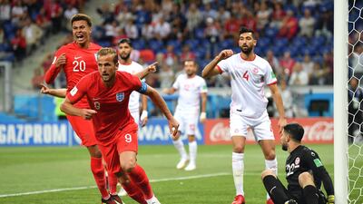 Harry Kane celebrates scoring England's winner against Tunisia in the 2018 World Cup. England enjoys two wins and a draw over the North Africans. Dan Mullan / Getty Images