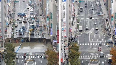 The sinkhole just after it happened, left, and now that it is fixed, lright. AFP