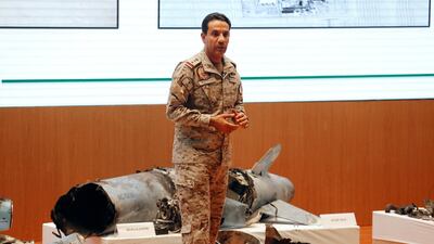 Saudi military spokesman Col. Turki Al Malki displays what he describes as an Iranian cruise missile and drones used in the attack, during a press conference in Riyadh, Saudi Arabia, Wednesday, September 18, 2019. AP Photo/Amr Nabil