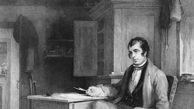 An illustration of Scottish poet Robert Burns circa 1786 in his cottage composing ‘The Cotter’s Saturday Night’. Getty