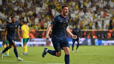 Aymeric Laporte celebrates scoring Al Nassr's second goal against Al Khaleej. Getty Images