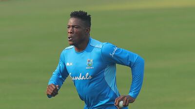 West Indies seamer Sheldon Cottrell during training in Cuttack on Saturday. AP